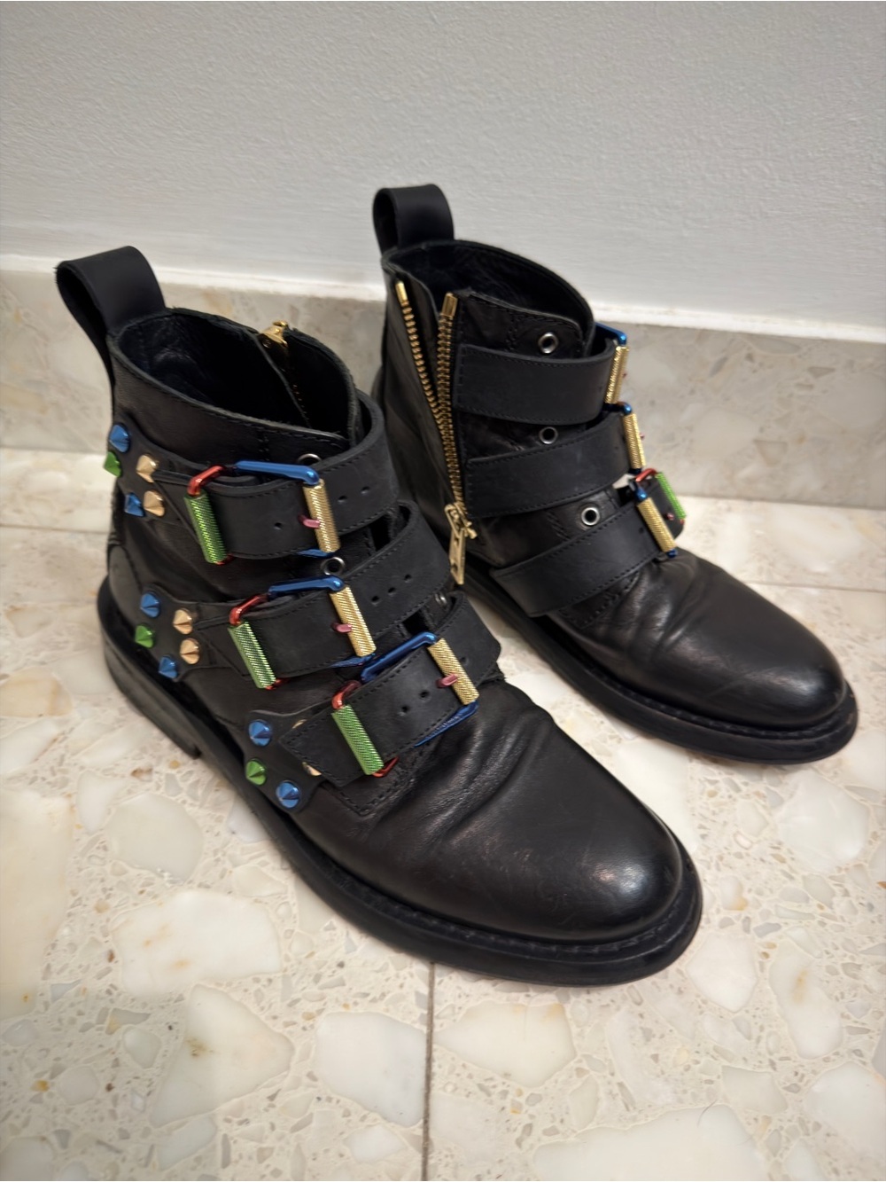Zadig & Voltaire Black Leather Ankle Boot with Multicolor Buckles